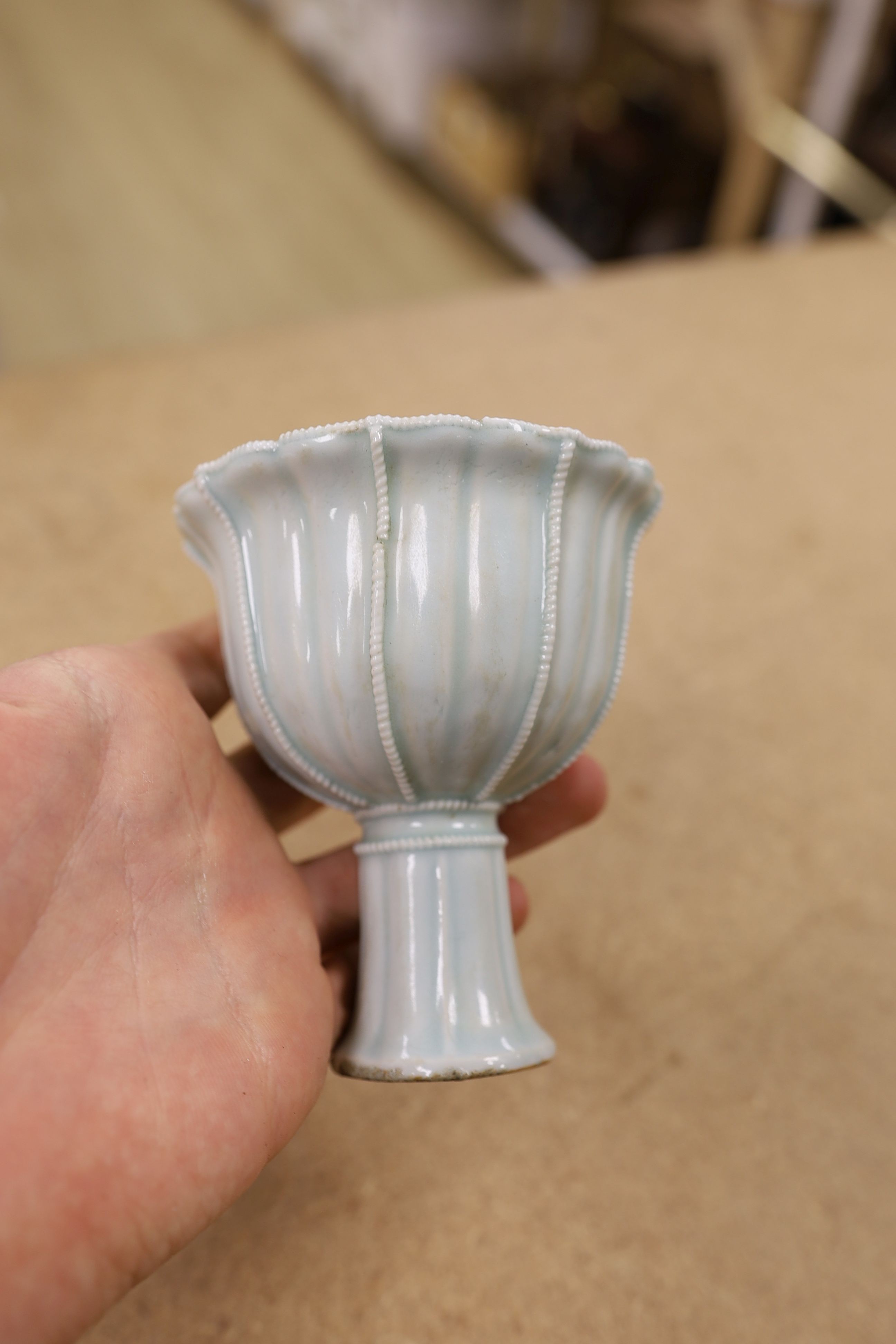 A Chinese Qingbai type stem cup., 10 cms high.